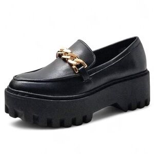 🖤 Y2K Vibe Black Platform Loafers w/ Gold Chain • Size 8